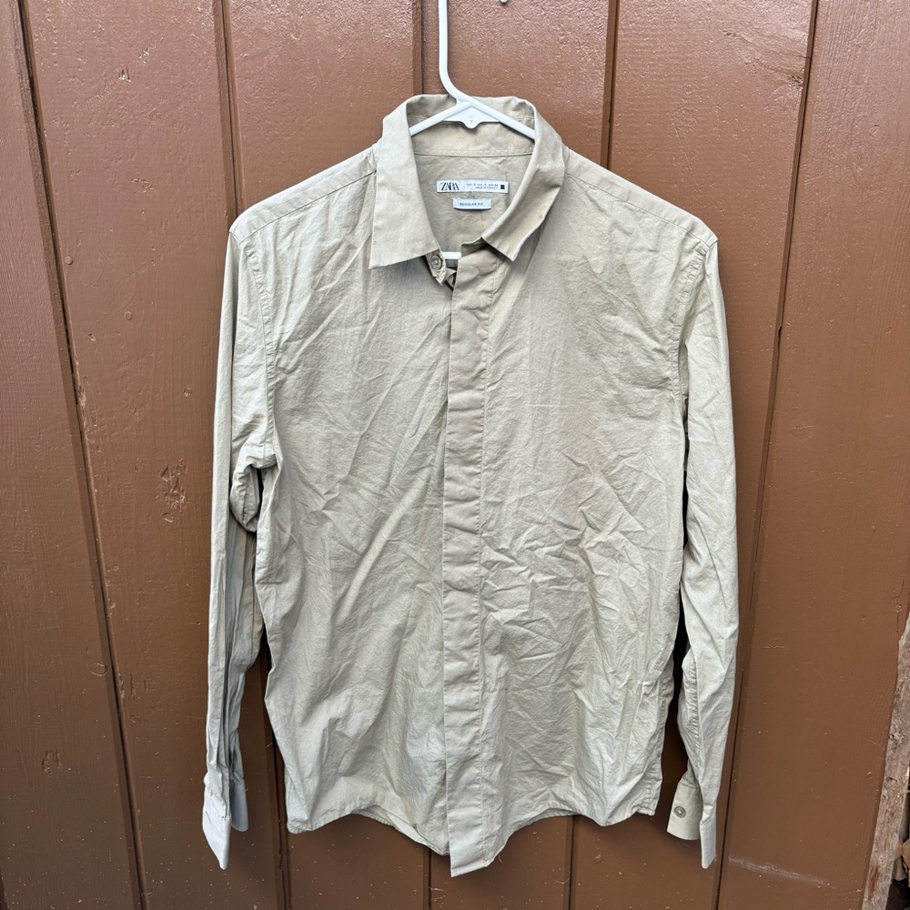 Zara Button Up Shirt Top Womens Small Green Long Sleeve